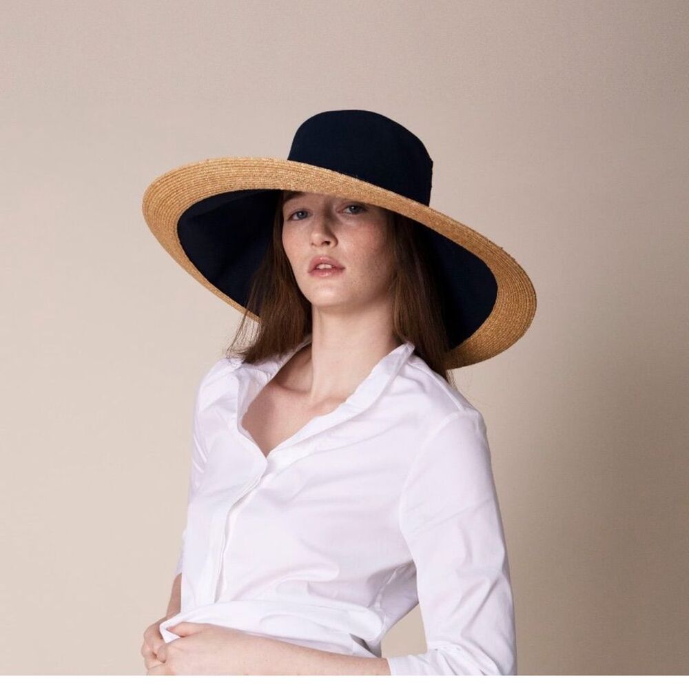 Lola Hats Single Take Wide Brim Sun Hat, Navy Blue Canvas, Straw Raffia Edge